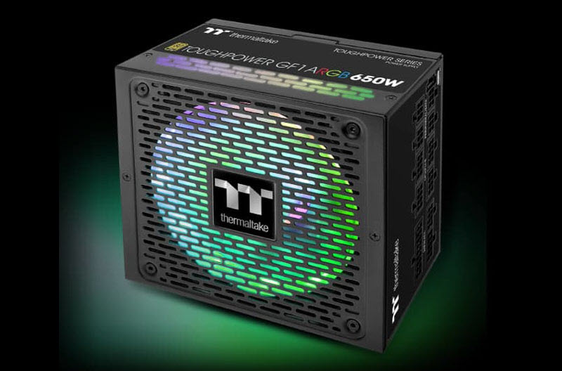 Toughpower GF1 ARGB angled to left with RGB lighting turned on