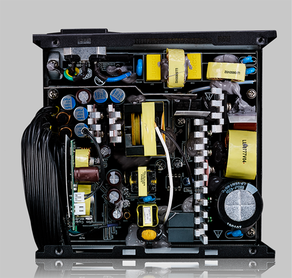 Close-up view of all components installed on the PCB
