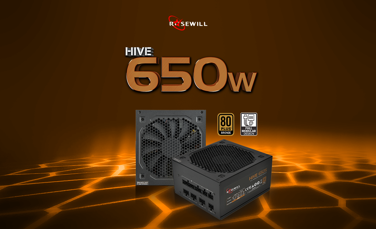 Rosewill Hive 650 Watt power supply banner showing angles of the top and angled down to the left with the Rosewill logo, 80 Plus Bronze and Full Modular Design icons on screen