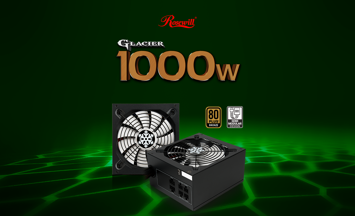 Rosewill Glacier 1,000 Watt power supplies, one facing forward with its main fan and the other angled down to the left next to the 80 PLUS BRONZE and Semi Modular Design Icons