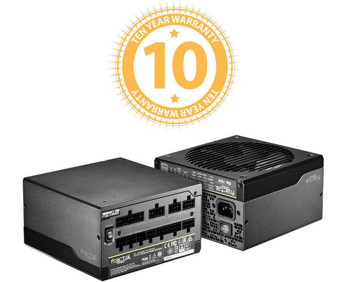 PROTECTION GUARANTEED Ten-Year Warranty Badge Above Two Fractal Design Power Supplies
