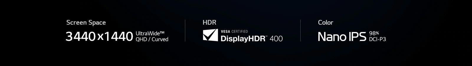 3440x1440 icon, DisplayHDR icon, Nano IPS icon