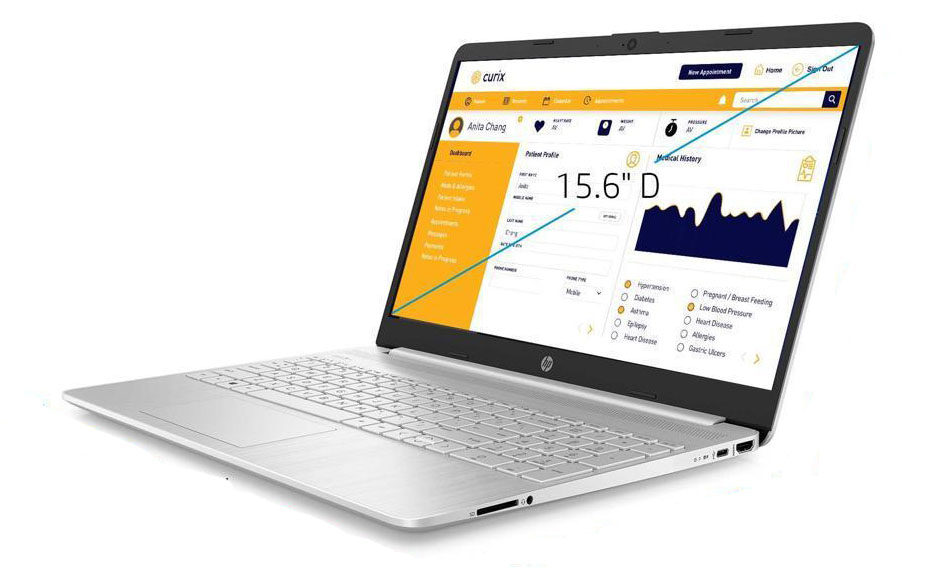 HP 15.6-inch Notebook angled to right showing a Windows 10 desktop with multiple programs opened