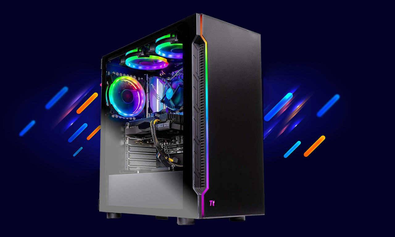 A desktop tlited to the right shows the transparent panel and iluminating rainbow color lighting.