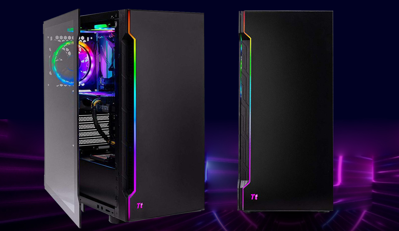 Two desktops with one tilted slightly to the right and having transparent window slightly opened and the other one showing the front panel.