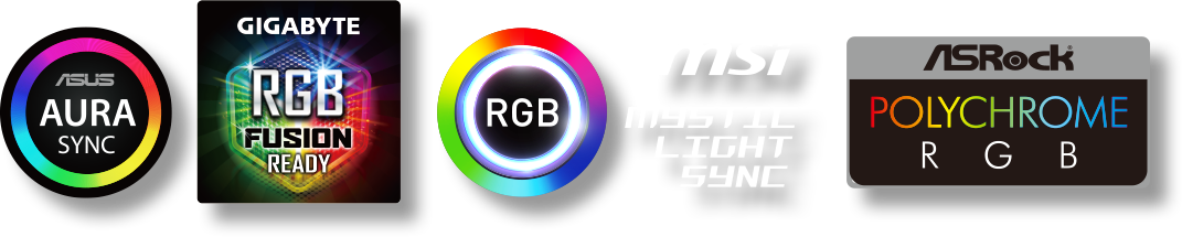 ASUS Aura Sync, GIGABYTE RGB Fusion Ready, MSI Mystic Light Synch, RGB and ASRock Polychrome RGB badges
