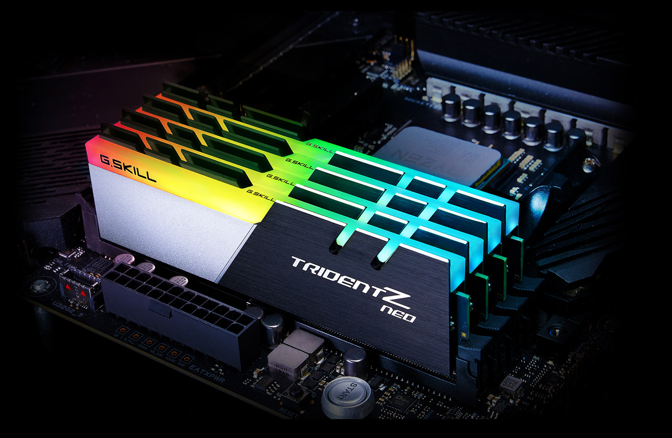 Four G.Skill Trident Z Neo Memory Modules Installed on a Motherboard