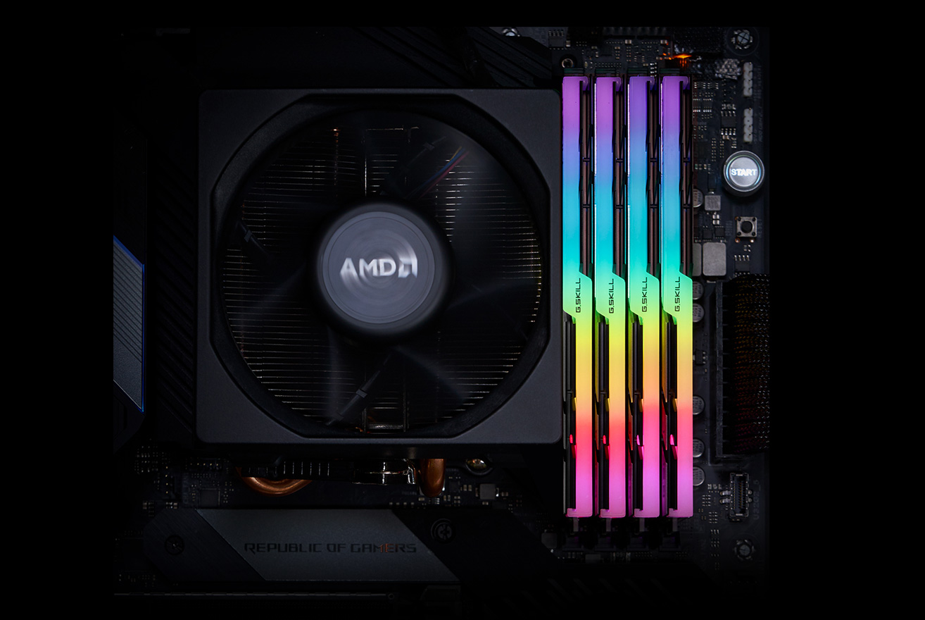 Overhead view of four G.Skill Trident Z Neo memory modules installed on a motherboard next to a CPU fan