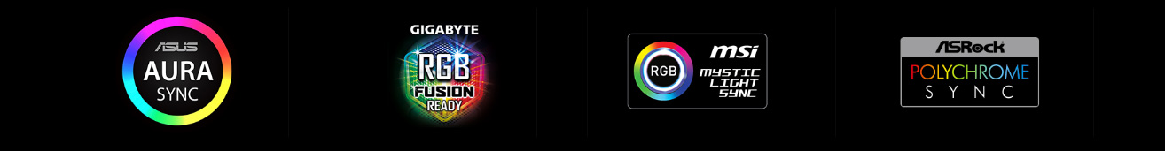 Badges for ASUS Aura Sync, GIGABYTE RGB Fusion, MSI Mystic Light Sync and ASRock Polychrome Sync