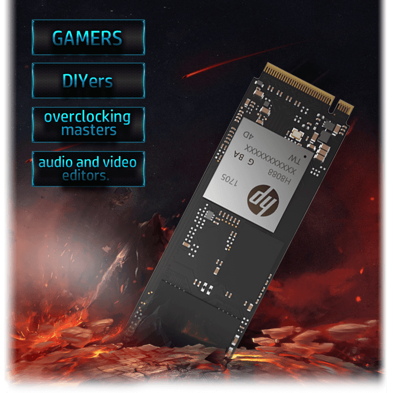 HP EX950 SSD in a Graphic of Flaming Floating Rocks, Along with Text Graphics That Read: GAMERS, DIYers, overclocking masters, audio and video editors.