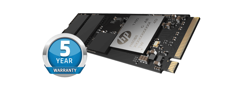 HP EX950 SSD Facing Up to the Left Next to a 5-Year Warranty Badge