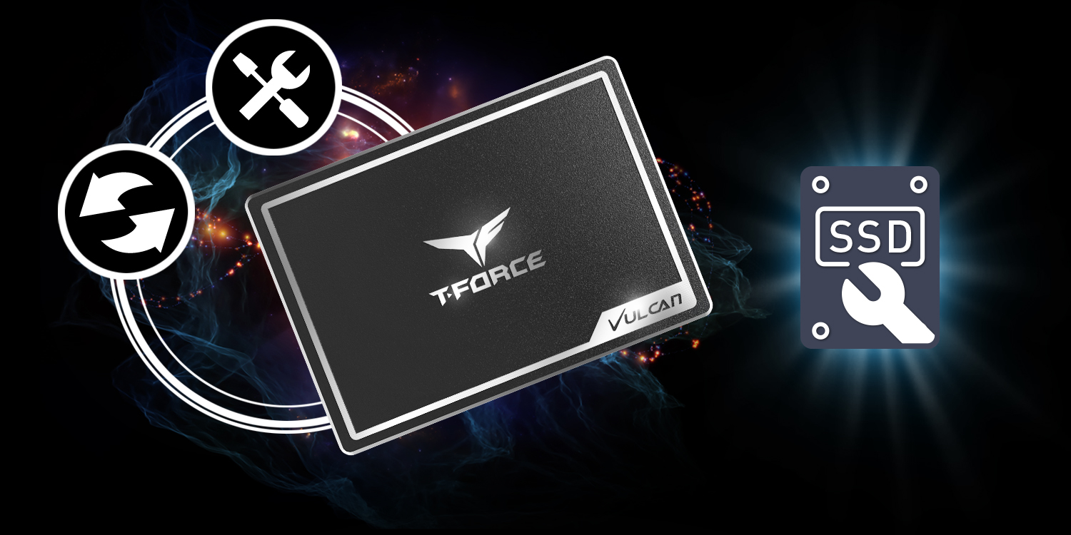 Team Group T-FORCE SSD Next to transfer, tools icons and an SSD icon with a wrench