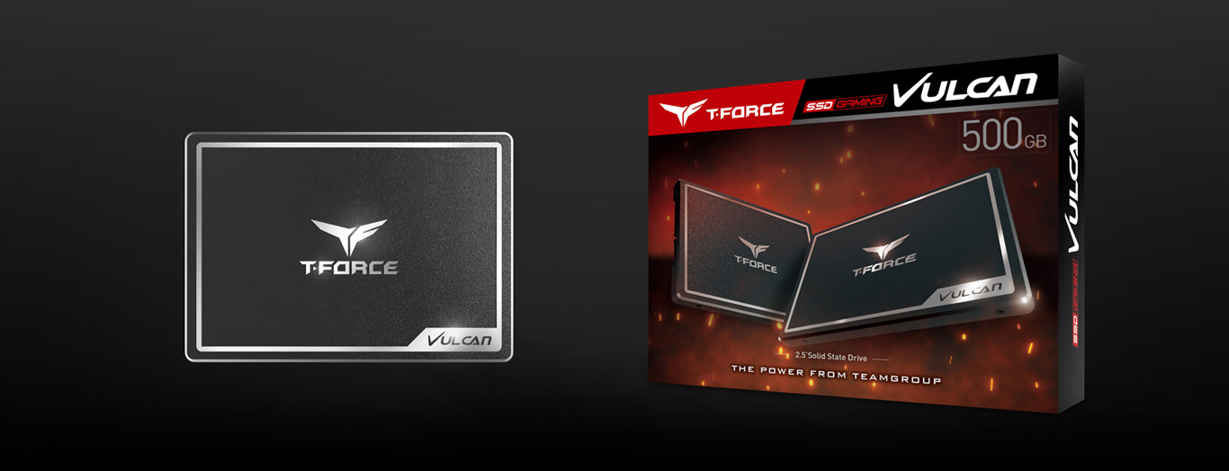 Team Group T-FORCE Vulcan SSD Facing Forward Next to Its 500GB Product Box Angled to the Left