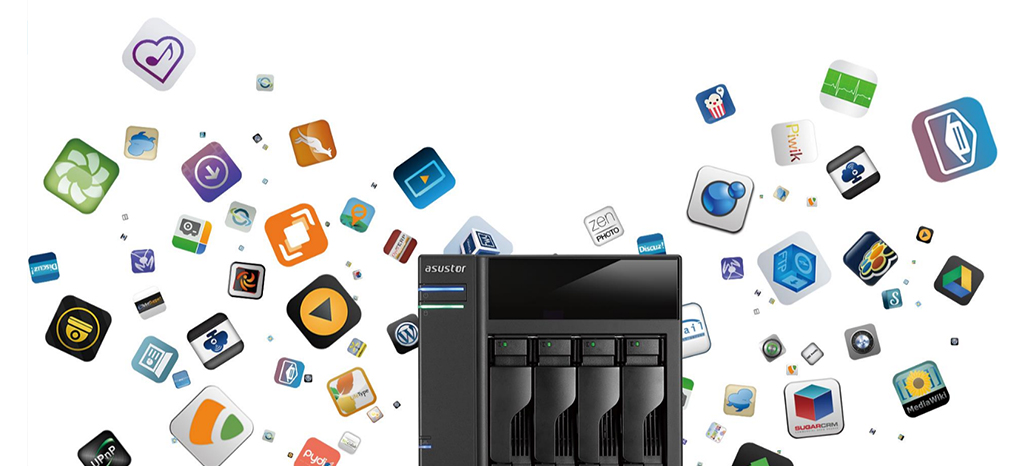 Asustor AS5202T 2 Bay Nimbustor 2 Desktop NAS (Diskless) 56 APP_NAS01, a storage in front of many icons background