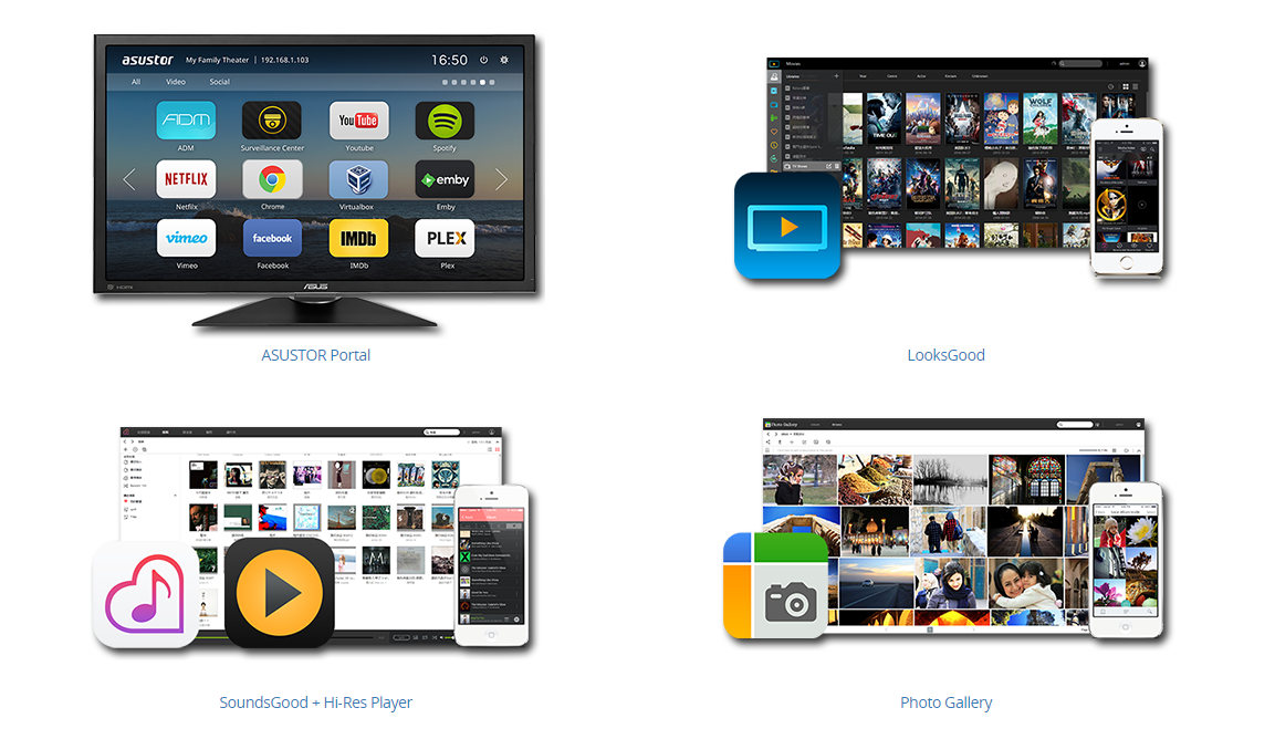 Asustor AS5202T 2 Bay Nimbustor 2 Desktop NAS (Diskless) 29 four creenshots shows how to Created for the Digital Home, ASUSTOR Portal, LooksGood, SoundsGood + Hi-Res Player and Photo Gallery