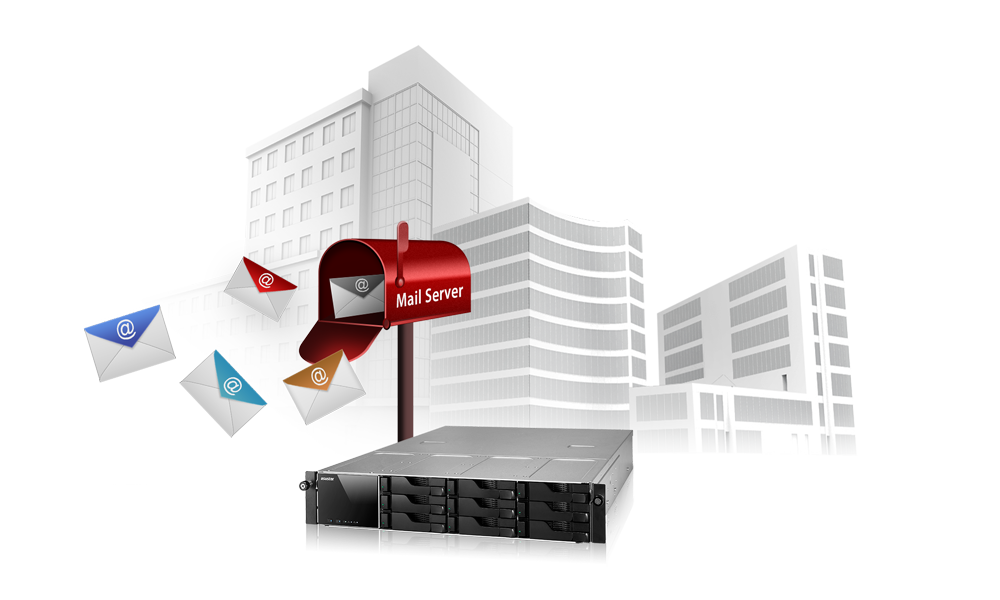 Asustor AS5202T 2 Bay Nimbustor 2 Desktop NAS (Diskless) 46 mail-server_mailBox, a red mailbox and a storage in front of some buildings.