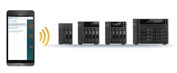 Asustor AS5202T 2 Bay Nimbustor 2 Desktop NAS (Diskless) 74 nas-management-device-mobile_app_aimaster6, a phone and four storages