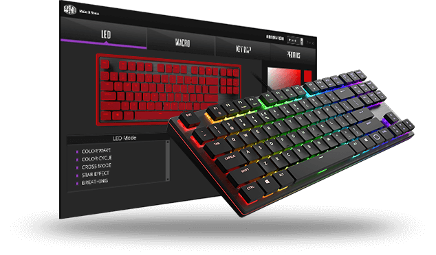 A floating SK360 in front of the graphical UI of Cooler Master's supporting software