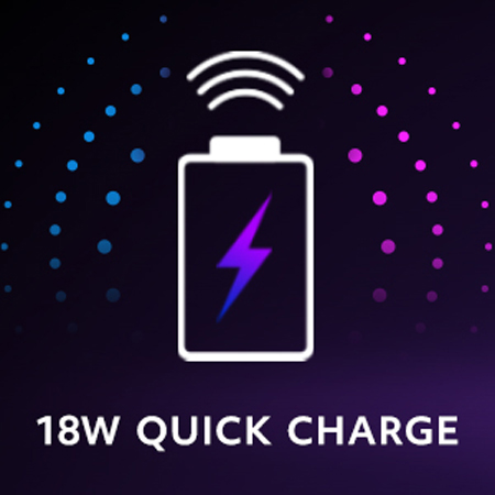 a battery icon with 18W quick charge mark in a purple black background