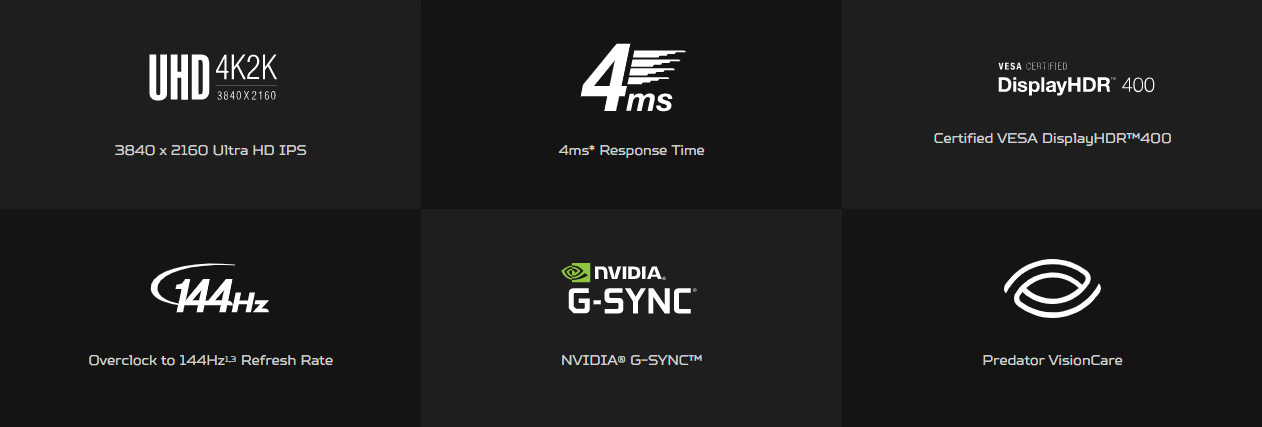 UHD icon, 4ms icon, displayHDR 400 icon, 144hz icon, G-sync icon, VisionCare icon