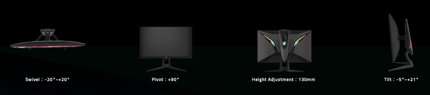 GIGABYTE AORUS Monitor with ERGONOMIC DESIGN.Swivel:-20°~+20°. Height Adjustment:130mm. Tilt:-5°~+21°