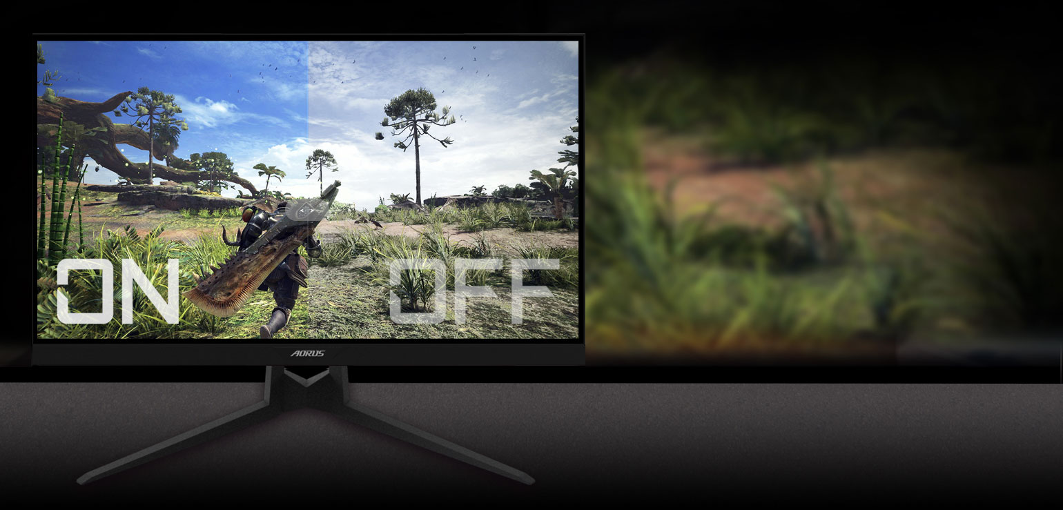 GIGABYTE AORUS FI27Q 27 Monitor Angled to the Right with an FPS Game Screenshot Split in Two, Showing the Difference Between displayHDR on and off.