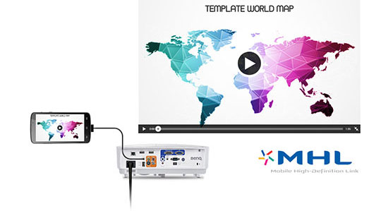 MHL Connectivity Showing a Smartphone Connecting to a BenQ Projector, next to a template world map and the MHL Logo