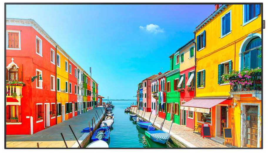 Samsung display facing forward showing a multi-colored residential area on the sides of a canal leading to the ocean>
</div>
<div class=