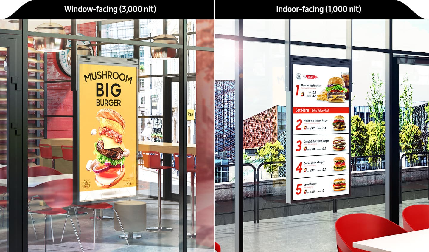 Samsung signage on a burger restaurant's windowed walls