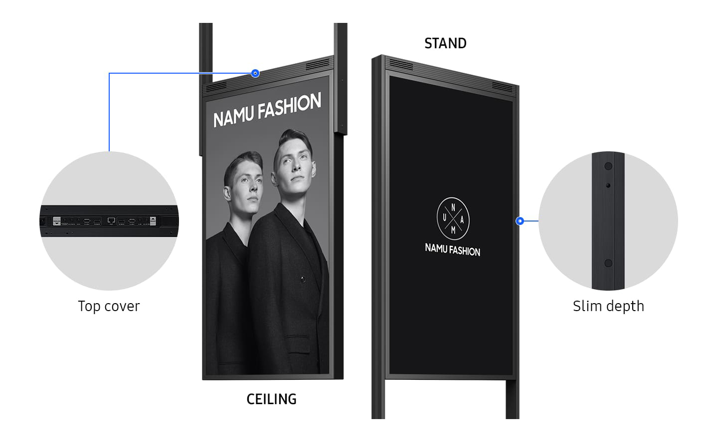 Samsung display in commercial stands with hotspots showing the top cover and slim depth