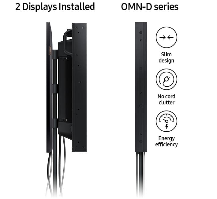 Side profile of a double-display wall-mounted installation versus the slim, no cord-clutter and energy-efficientSamsung