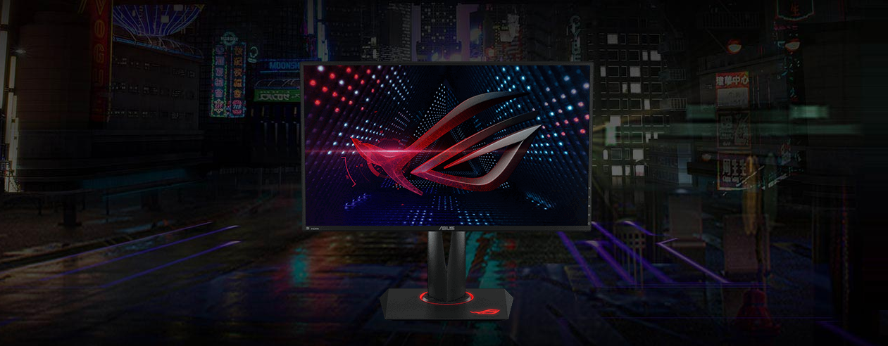 a monitor with a republic of gamers logo as screen in a city view background