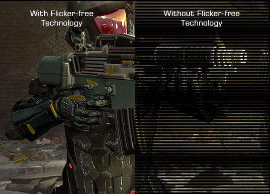 one image splited into two, showing different effect between flicker-free technology with and without