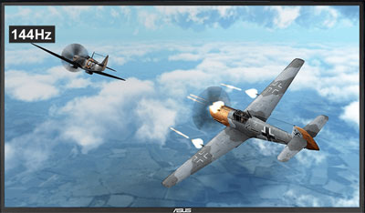 Dog fight game scene with a 144Hz overlay on the screen