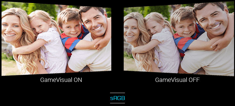 Two screenshots of a family of four, for comparison between GameVisual ON and GameVisual OFF