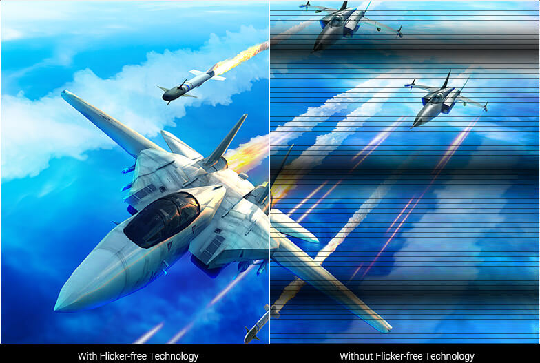 A game scene split in the middle for comparison between with and without flicker-free technology