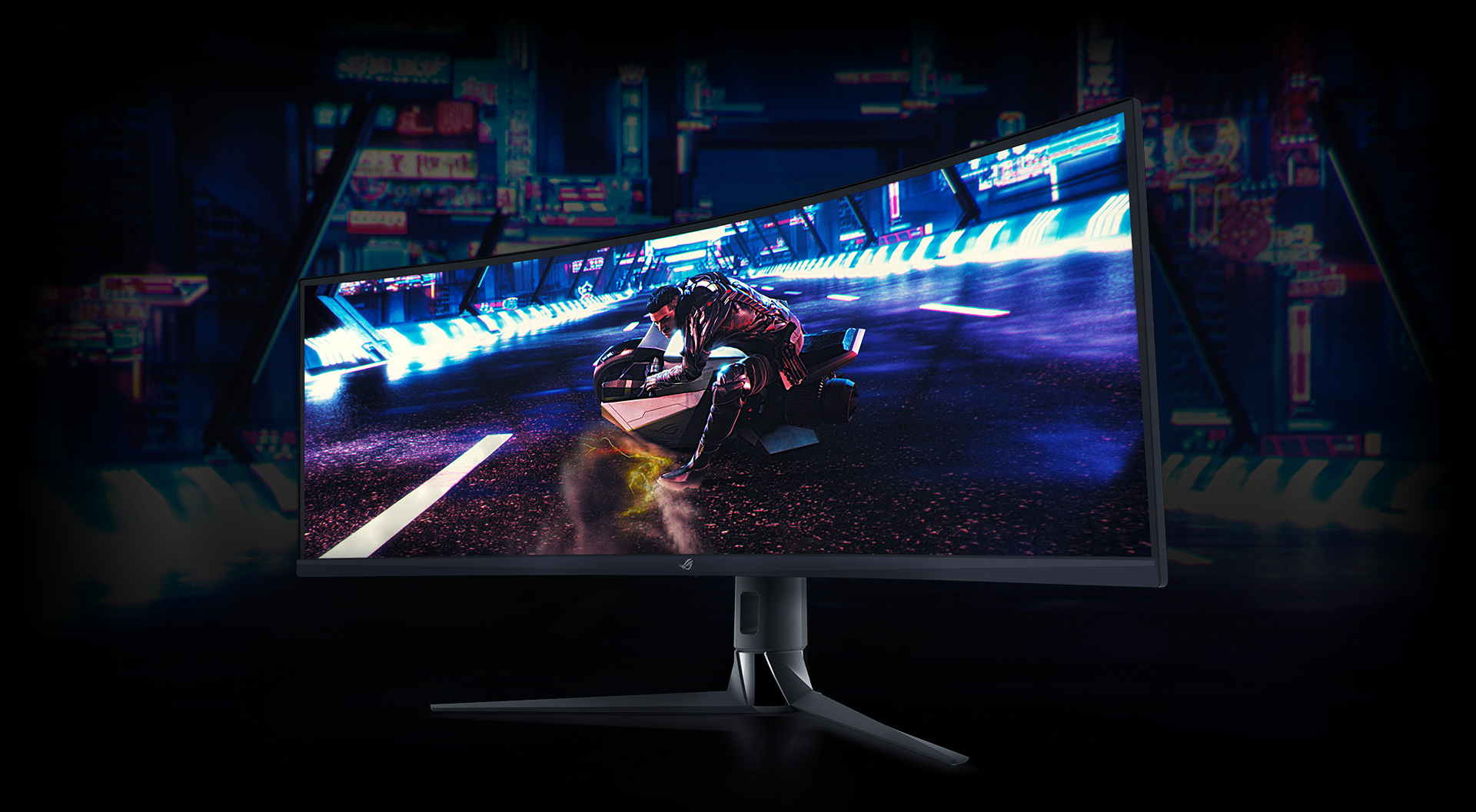 the monitor with a man is riding a motobike as screen