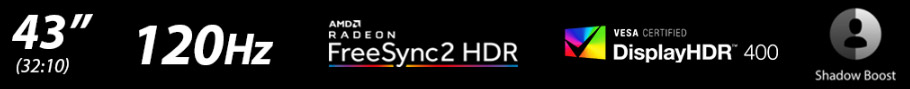 43 inch icon, 120Hz icon, FreeSync icon, DidplayHDR icon, Shadow Boost icon.