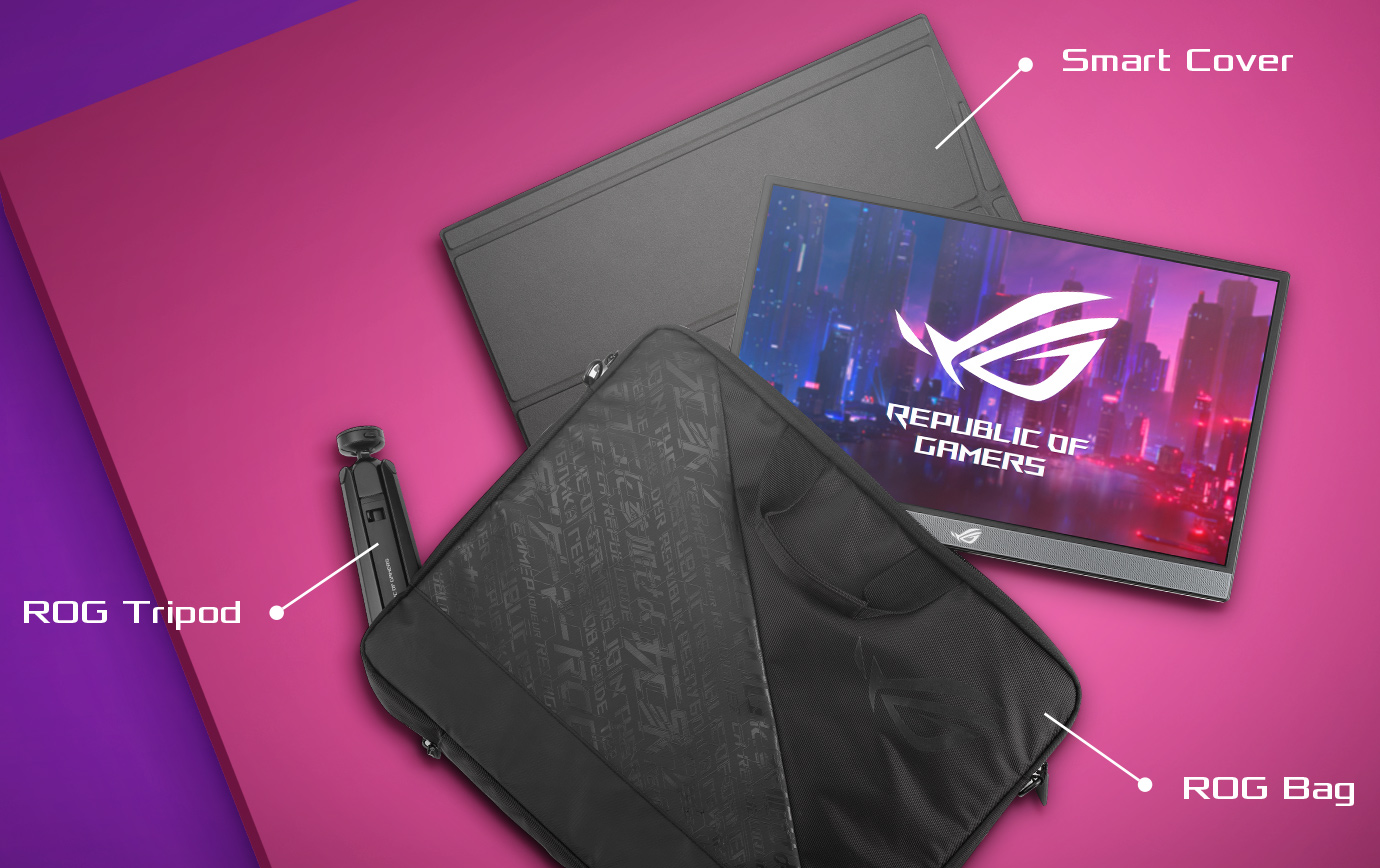Accessories for ROG Strix XG17AHP: Smart Cover, ROG Tripod and ROG Bag.