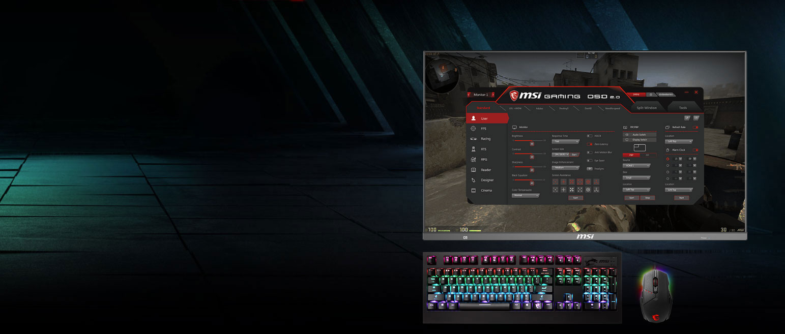 a msi gaming osd screenshot of the monitor, a keyboard and a mouse