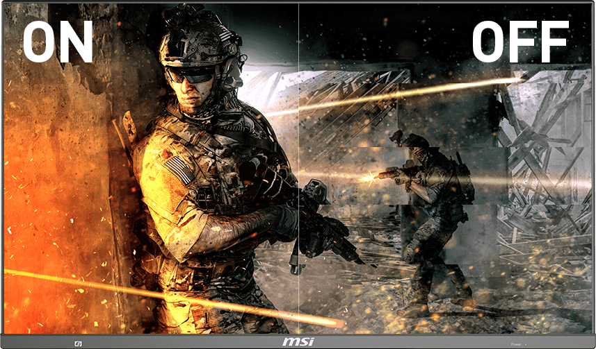 one image splited into two, showing difference effect between amd freesync on and off