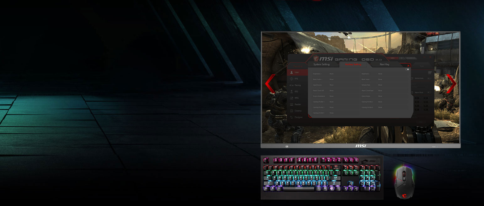 a msi gaming osd screenshot of the monitor, a keyboard and a mouse