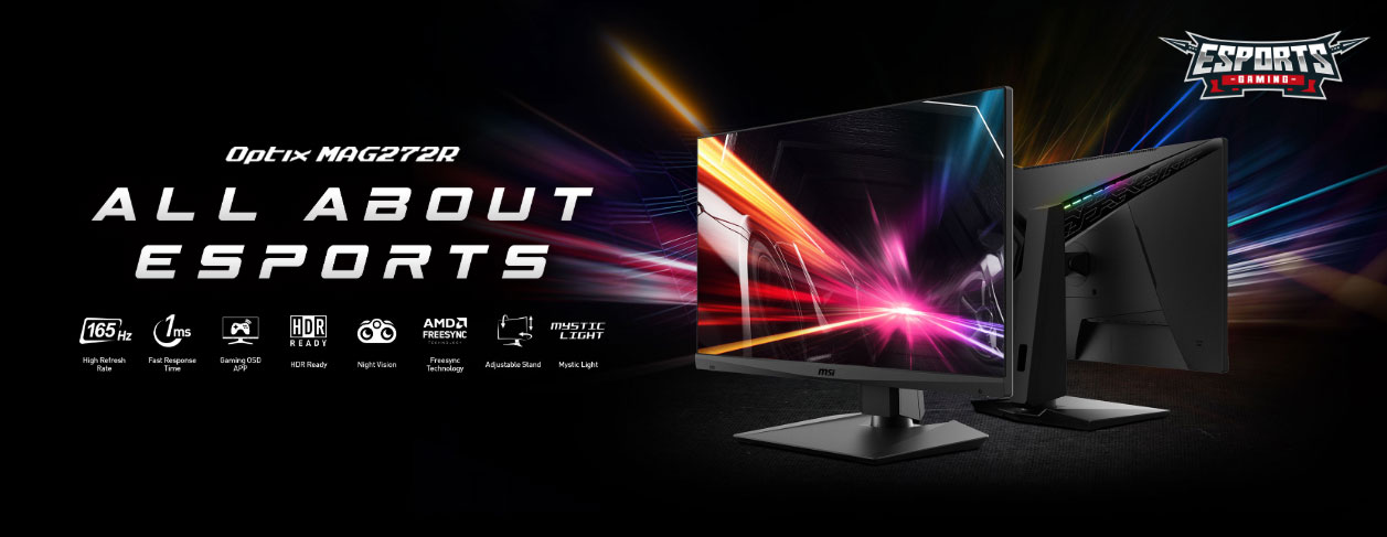 two monitors in a black background with a colorful screen, 165Hz icon, 1ms icon, game icon, HDR icon, night icon, freesync icon, mystic light icon.