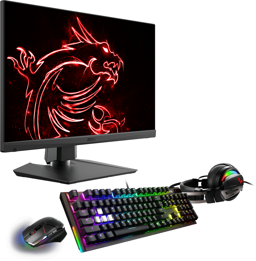 a sketch dragon in red as screen of the monitor, a mouse , a keyboard and a headphone in a colorful background