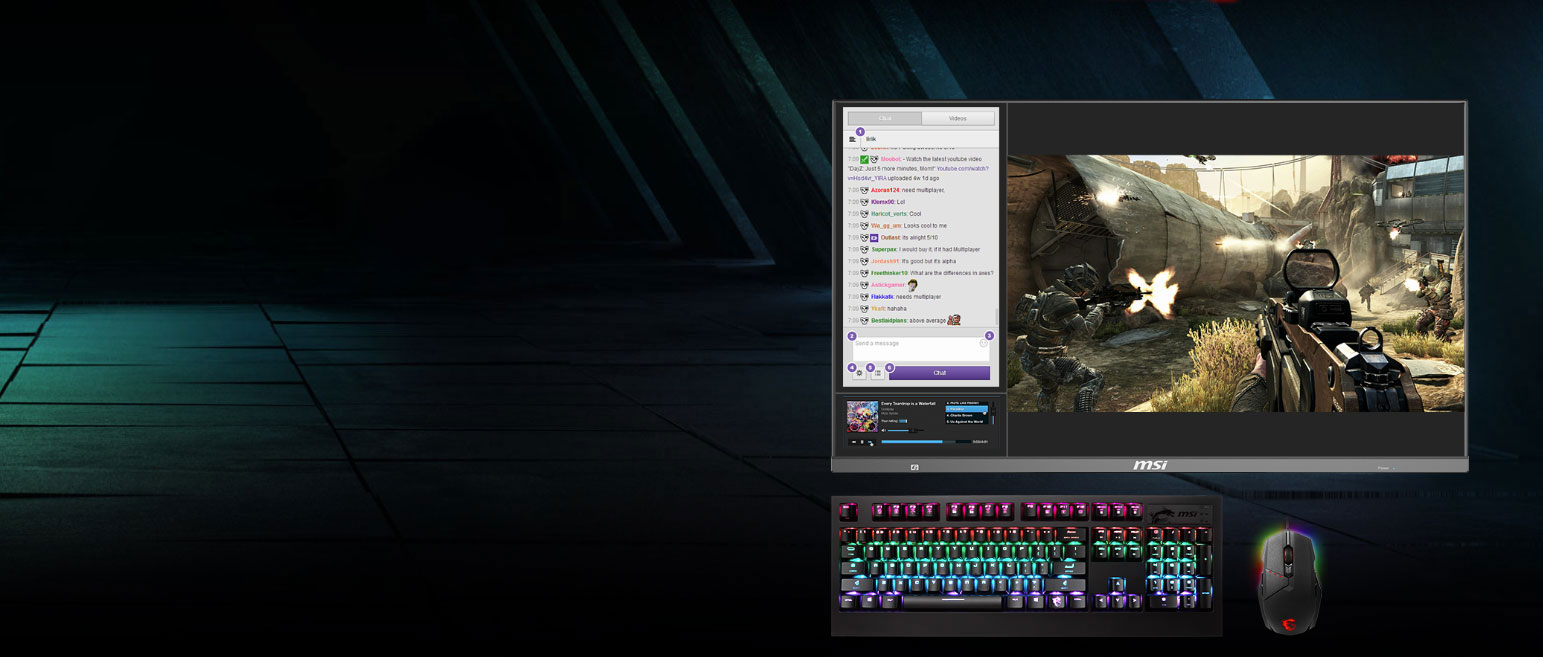 a shooting game screenshot of the monitor, a keyboard and a mouse