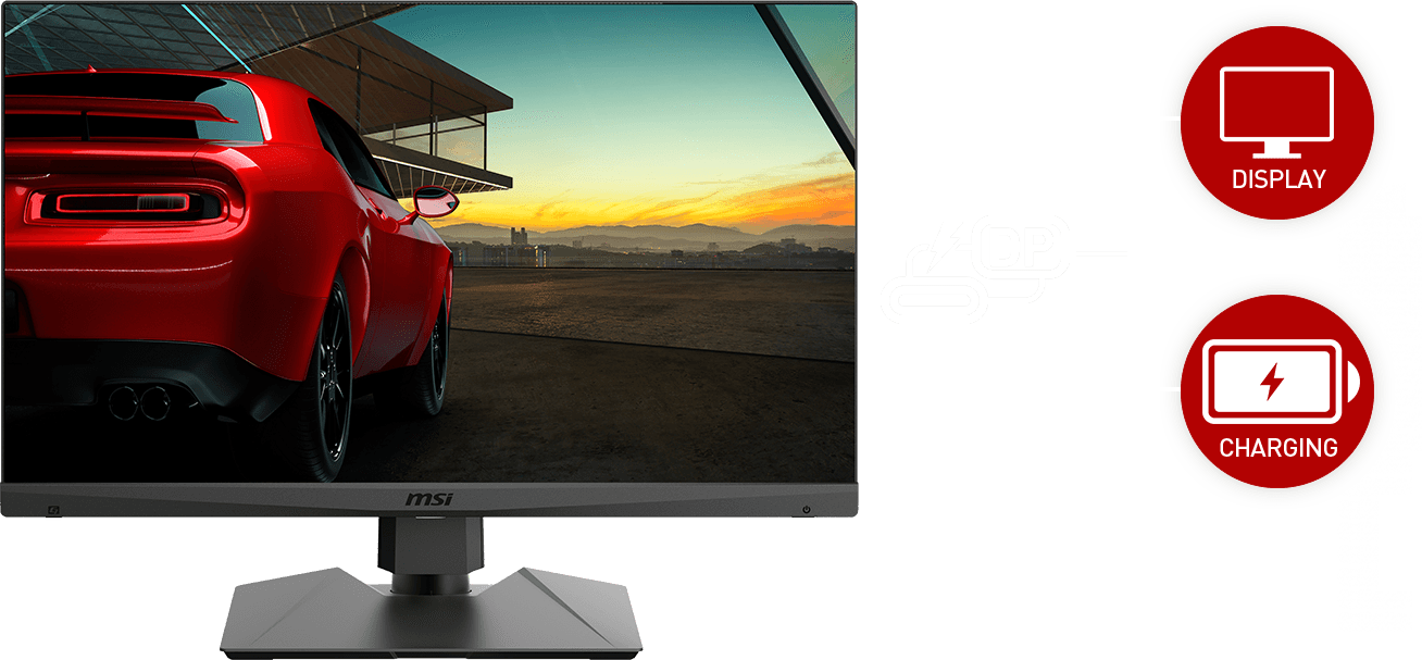 display icon, a charcing icon and a monitor with a red car picture as screen