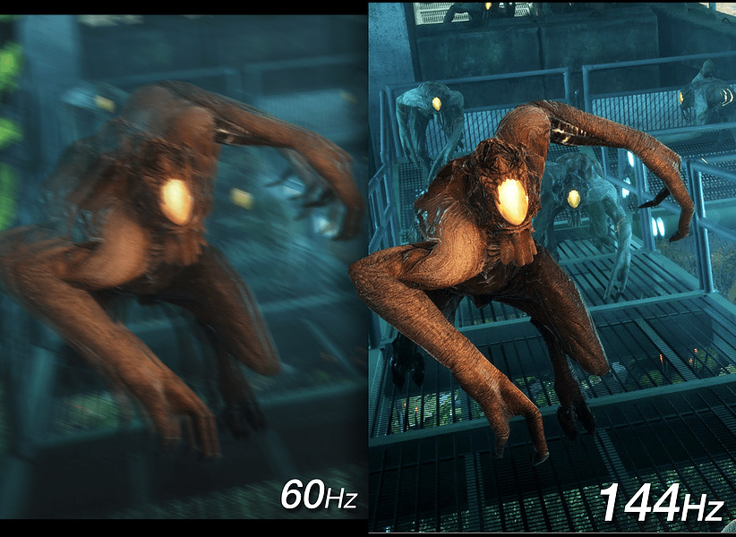 one image splited into two, showing different effect between 60hz and 144hz