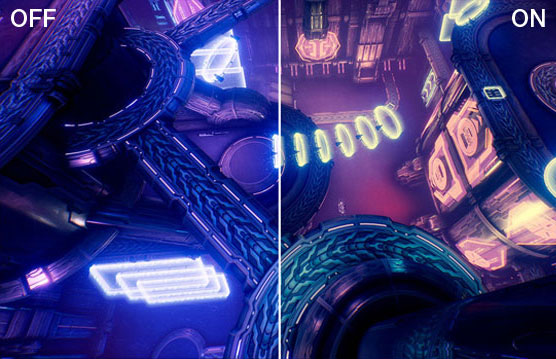 one image splited into two, showing different effect between blue light on and off