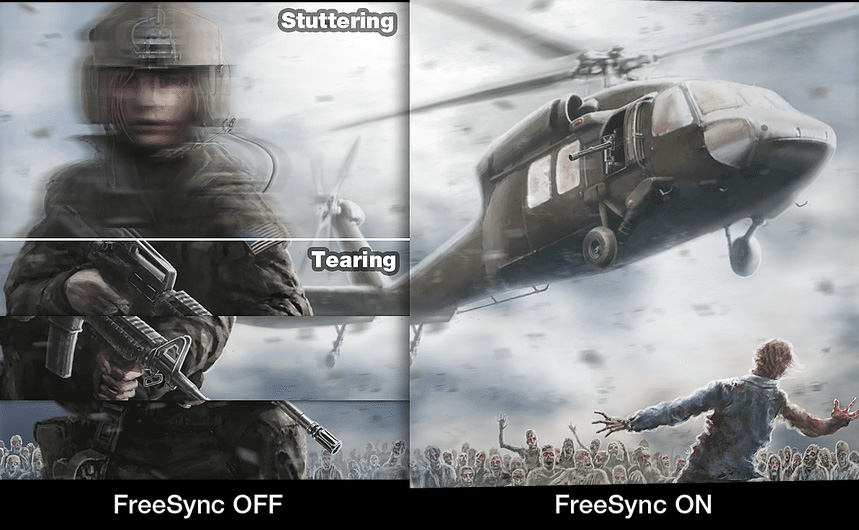 one image splited into two, showing different effect between freesync off and on