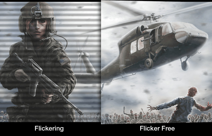 one image splited into two, showing different effect between flicker with and without
